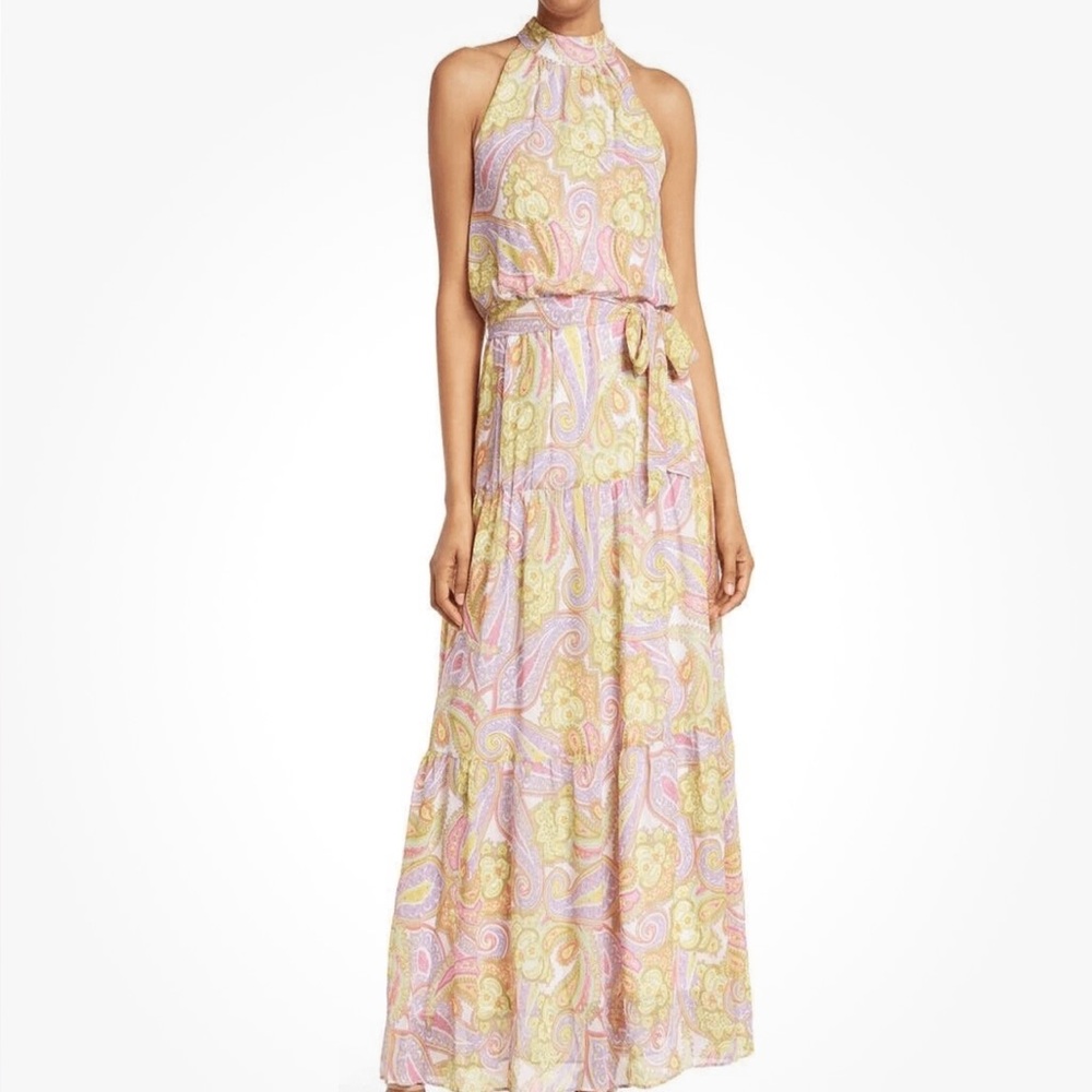 Julia Jordan Pastel Paisley Mock Neck Ruffled Tiered Maxi Dress
